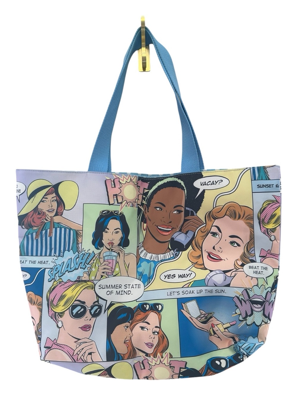 Estee Lauder Multicolor Vacation Them Comic-Print Shoulder Tote with Blue Straps